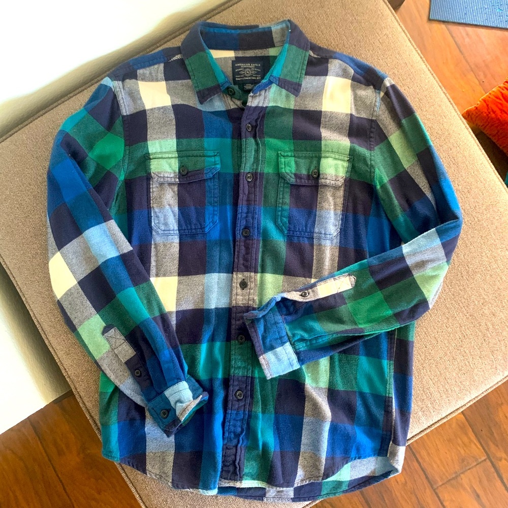 American Eagle Outfitters Mens Blue White Green Plaid Flannel Button Down